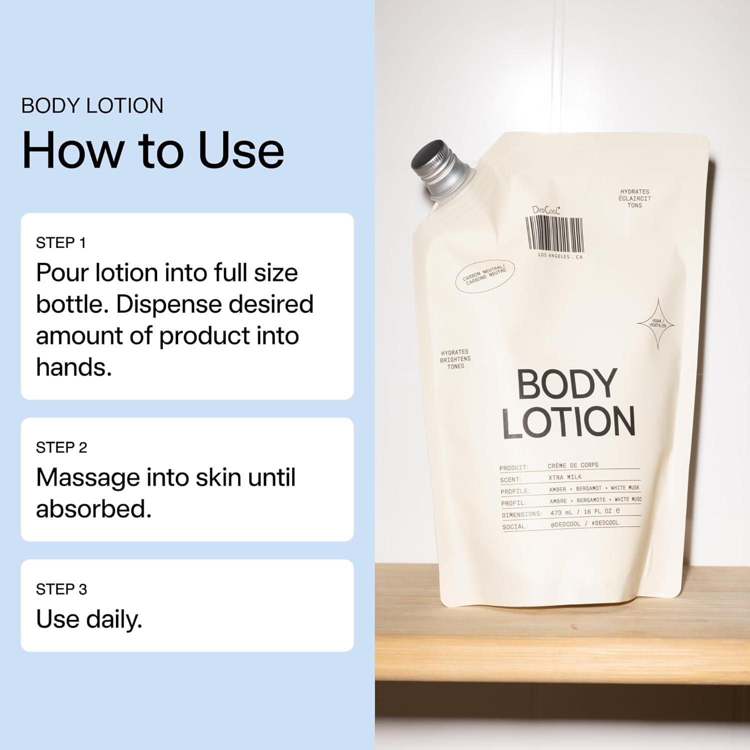 imageDedCool Body Lotion Xtra Milk Deeply Hydrating Lightweight Formula with Ceramides Snow Mushroom amp Meadowfoam Oil Soft Musk Bergamot amp Amber Scent NonToxic Vegan Skincare 85 fl ozTaunt